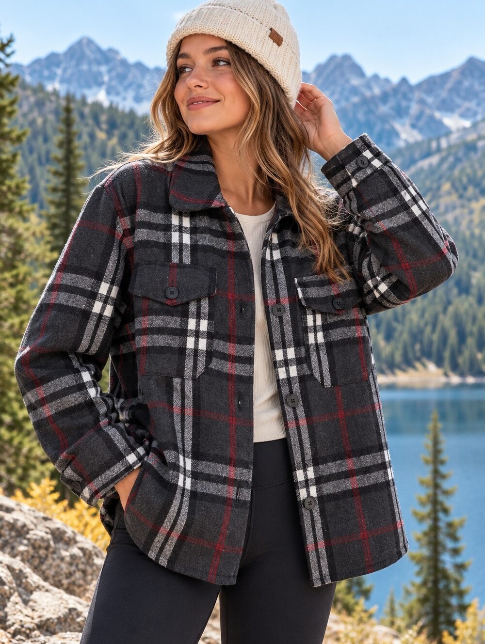 Ookie & Lala Women's Plaid Shacket Jacket Black Gray Red Button Front Size S